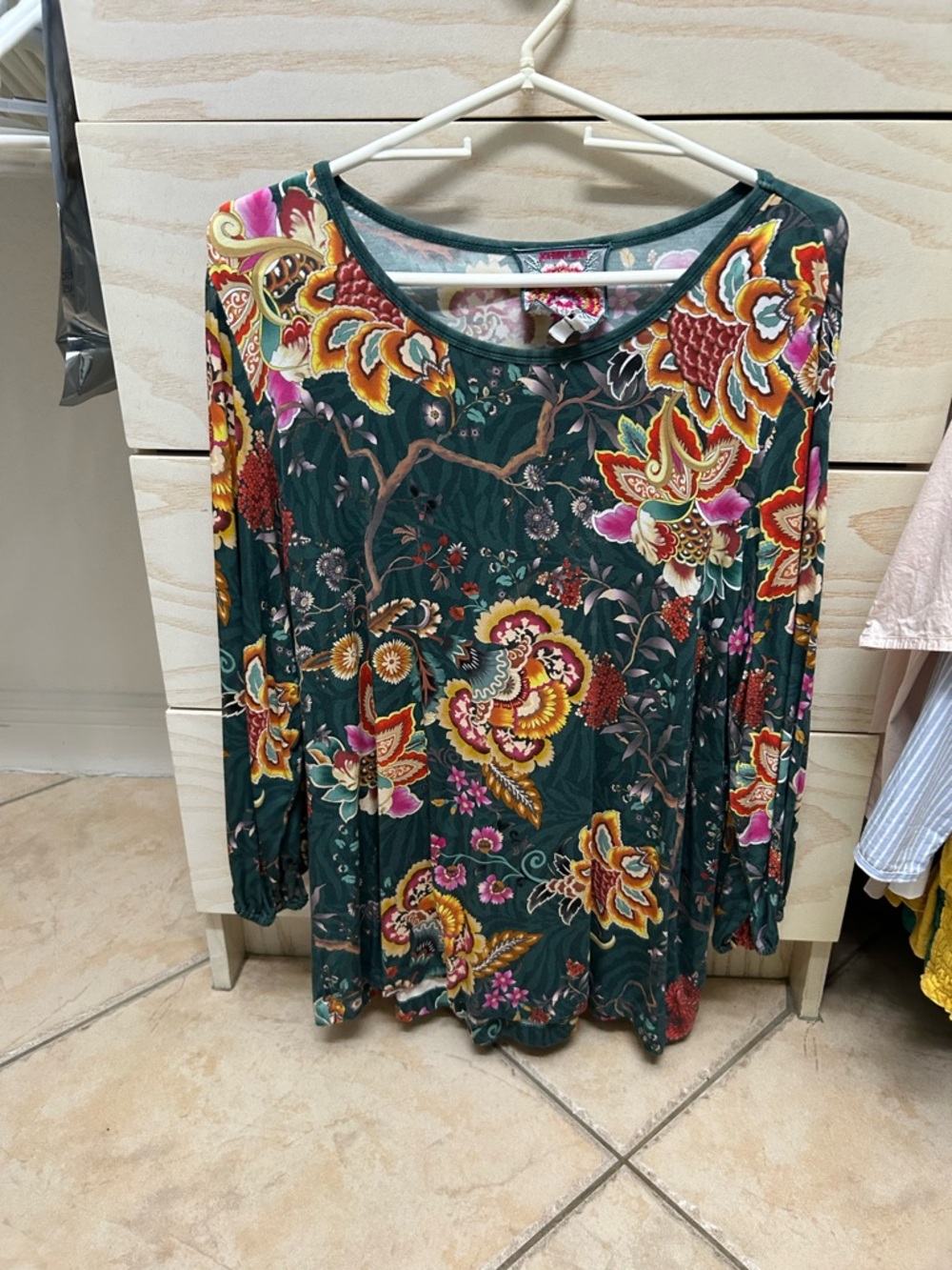 Floral colorful Scoop Neck Long Sleeve Top - Green